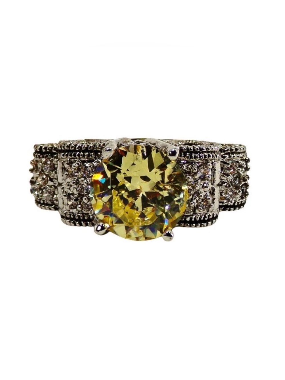 Yellow cubic zirconia stone ring, raised scroll design band, clear stones Size 8